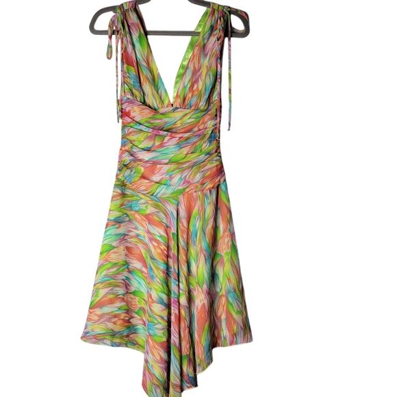 VVTG Y2K ABS by Allen Schwartz Dress 2 Rainbow Swirl Ruched Handkerchief Hem - Picture 1 of 11